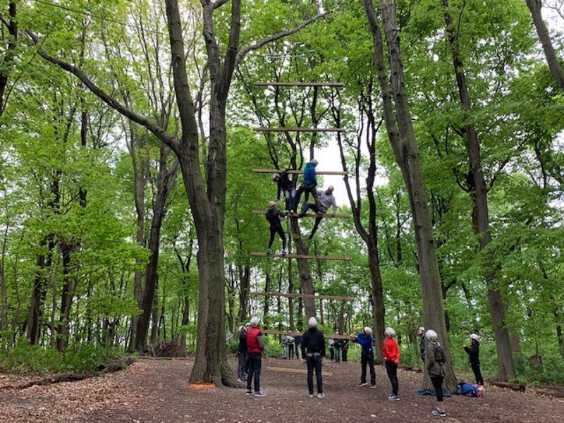 This image captures a group of people participating in an outdoor ropes course adventure, set amidst a lush, green forest. Several individuals are actively engaged in climbing a tall, wooden ladder structure, showcasing teamwork and physical exertion. Others observe from the ground, equipped with helmets, suggesting a focus on safety during this challenging activity. The vibrant foliage indicates a pleasant, possibly spring or summer, day for outdoor recreation.